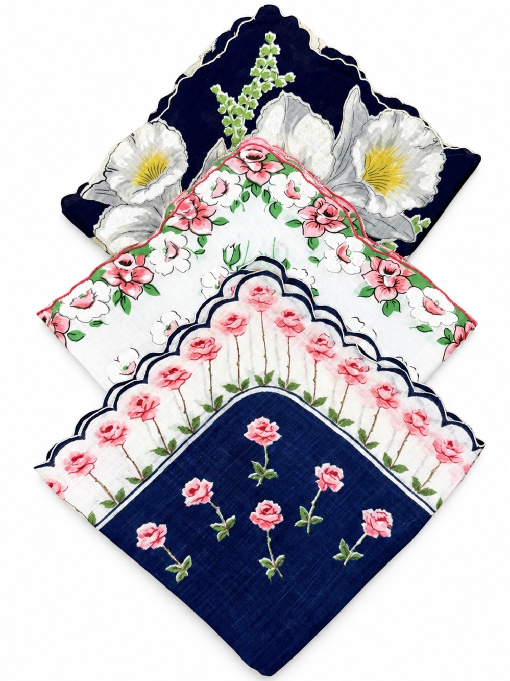 Vintage Floral Handkerchiefs Set of 3 Navy Blue White & Pink